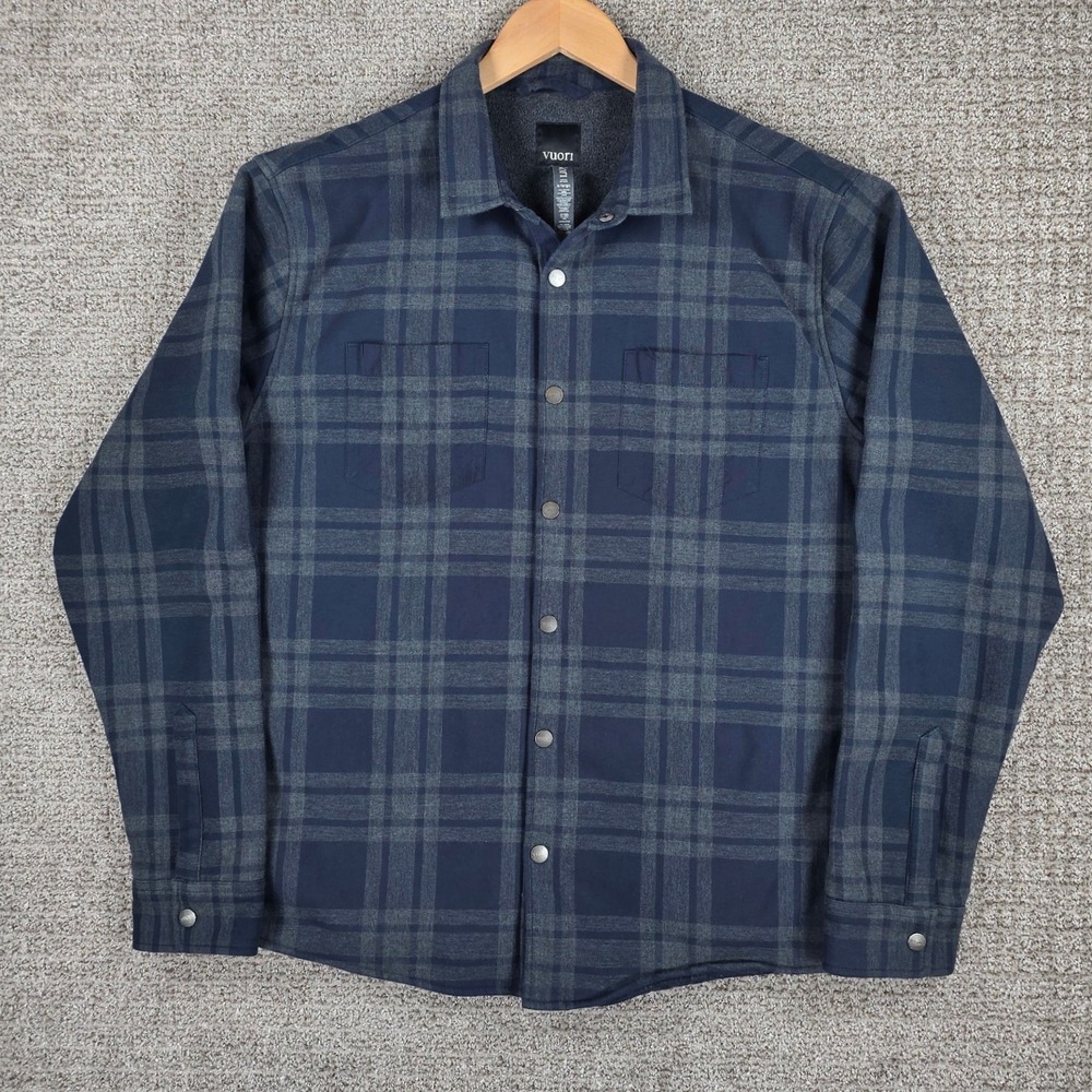 Vuori Coastside Mens XL Plaid Fleece Lined‎ Snap Flannel Shirt Jacket Blue Gray